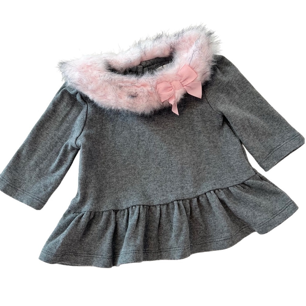 Janie and Jack Gray Long Sleeve Top with Pink Faux Fur Collar & Bow | Baby 12M